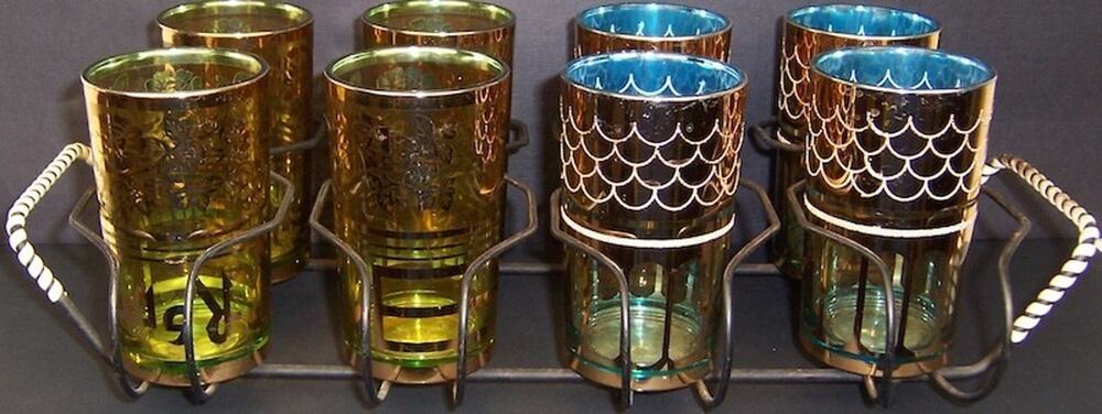 Vintage MCM 8pc Curated 6 oz Bar Glass Set Made in Korea with Wire Caddy